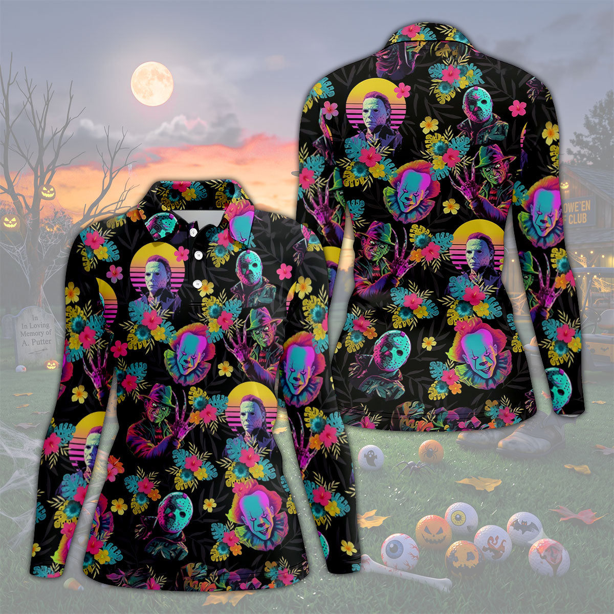 Neon Floral Halloween Horror Character Hawaiian Golf Shirt, Women's Golf Tops, Ladies Golf Shirts