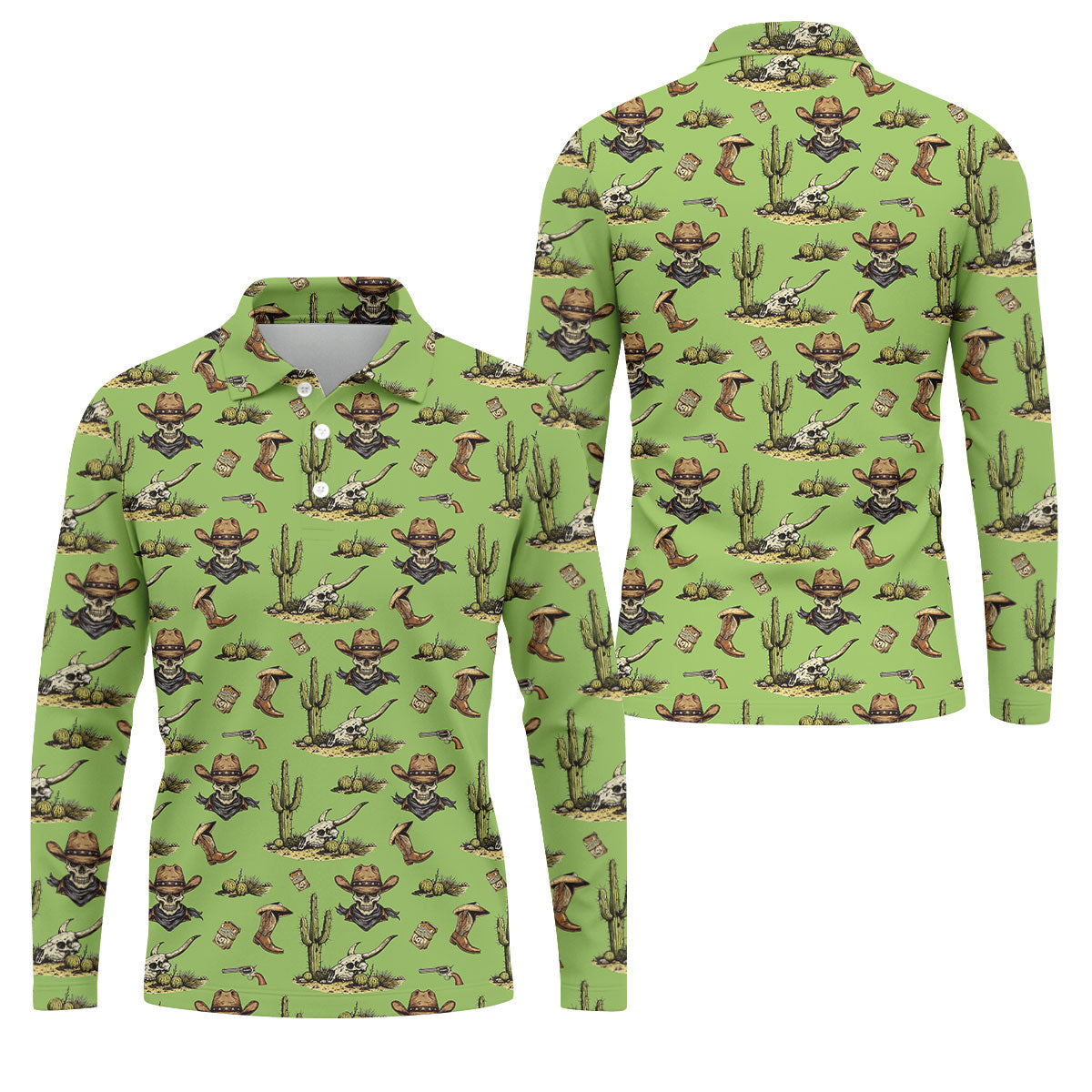 Cowboy Skeleton Longhorn Cow Skull Western Theme Sage Green Golf Tops For Men, Golf Shirts For Men