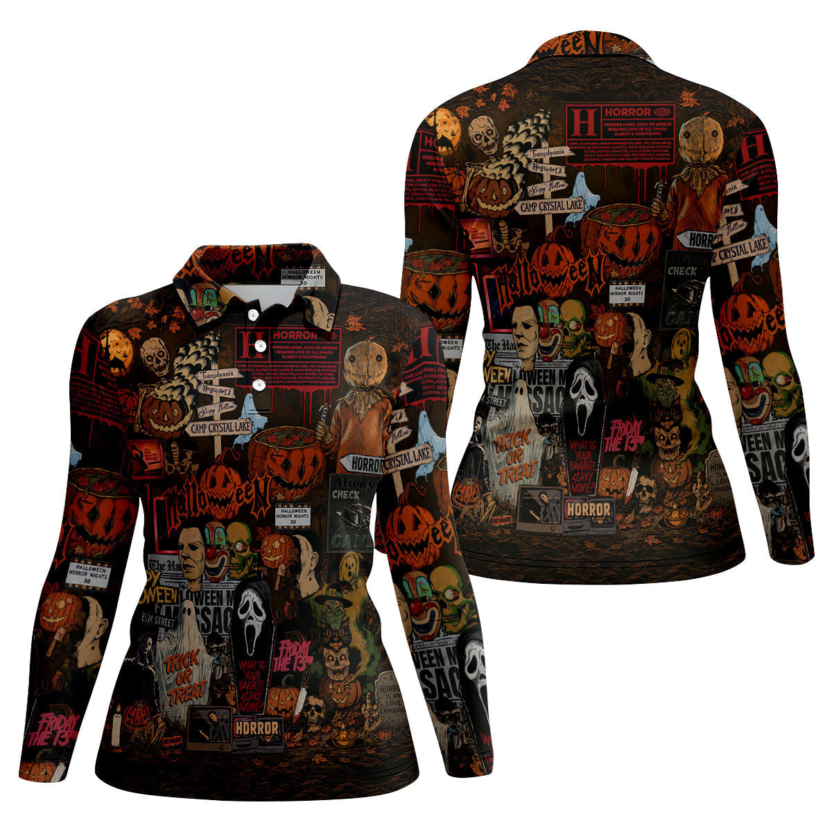 Horror Character Halloween Collage Golf Polo Shirt, Womens Golf Apparel, Ladies Golf Tops