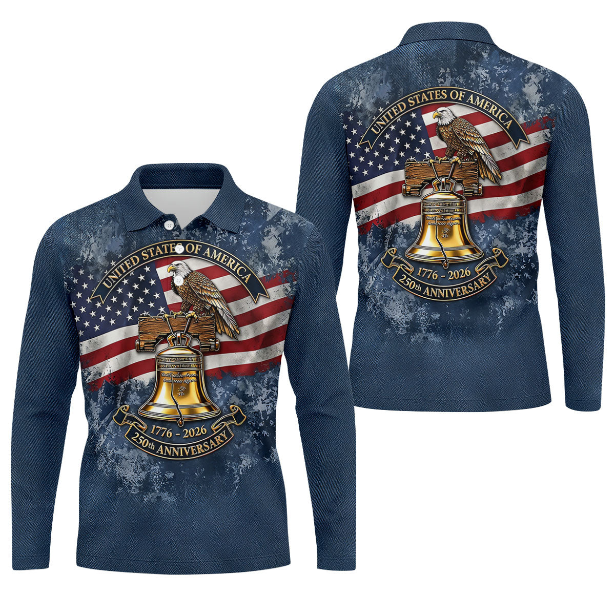 Patriotic Bald Eagle Liberty Bell Distressed Golf Shirt, 250 Years 4th Of July Golf Shirts For Men
