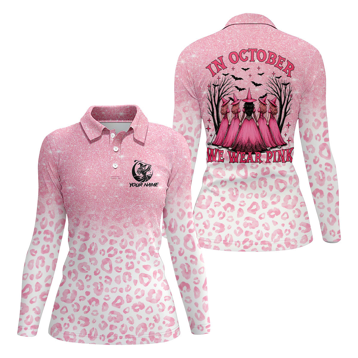 Custom Name In October We Wear Pink Halloween Golf Shirt, Women's Golf Polo, Ladies Golf Top