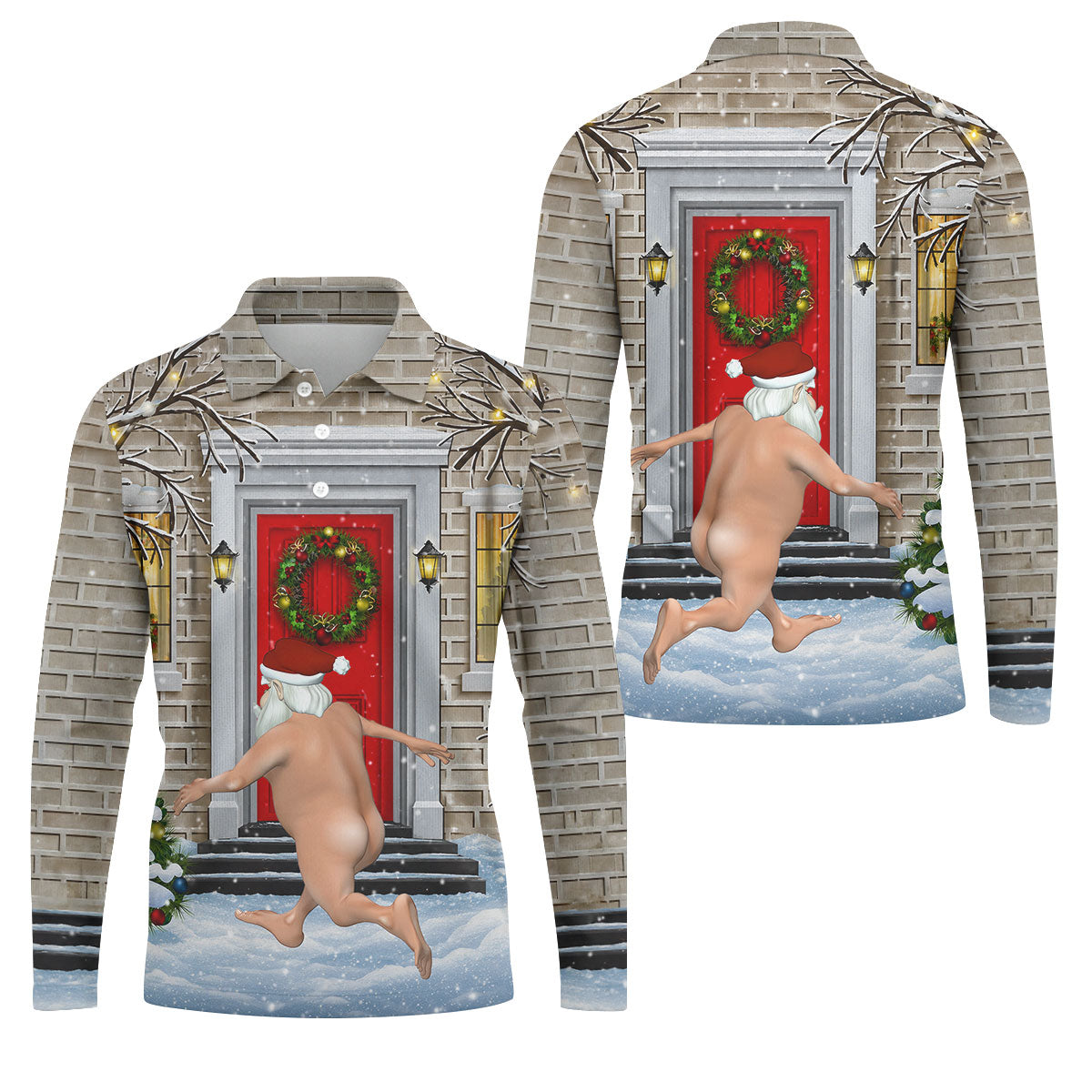 Men's Streaking Santa Doorbell Golf Shirt, Christmas Golf Shirt, Golf Apparel For Men