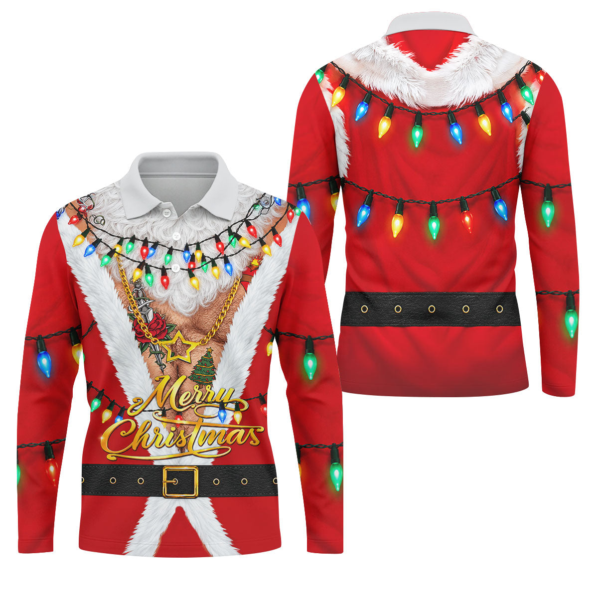 Merry Christmas Santa Lights Gold Chain Polo Shirt, Mens Golf Polo, Golf Shirts For Men