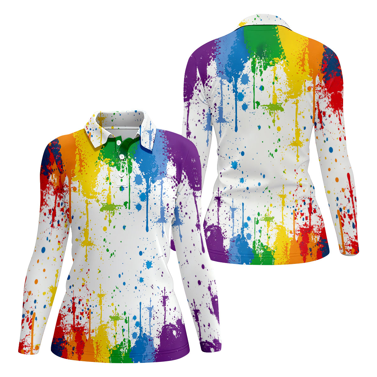 Rainbow Paint Splatter LGBT Support Ladies Golf Tops, Pride Month Golf Shirt For Women