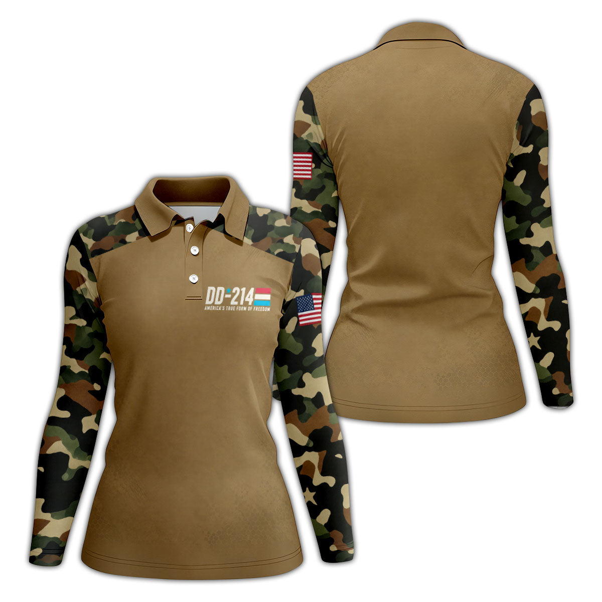 DD-214 Tan Camo Freedom Polo Shirt, Golf Tops For Women, Veterans Day Golf Shirt