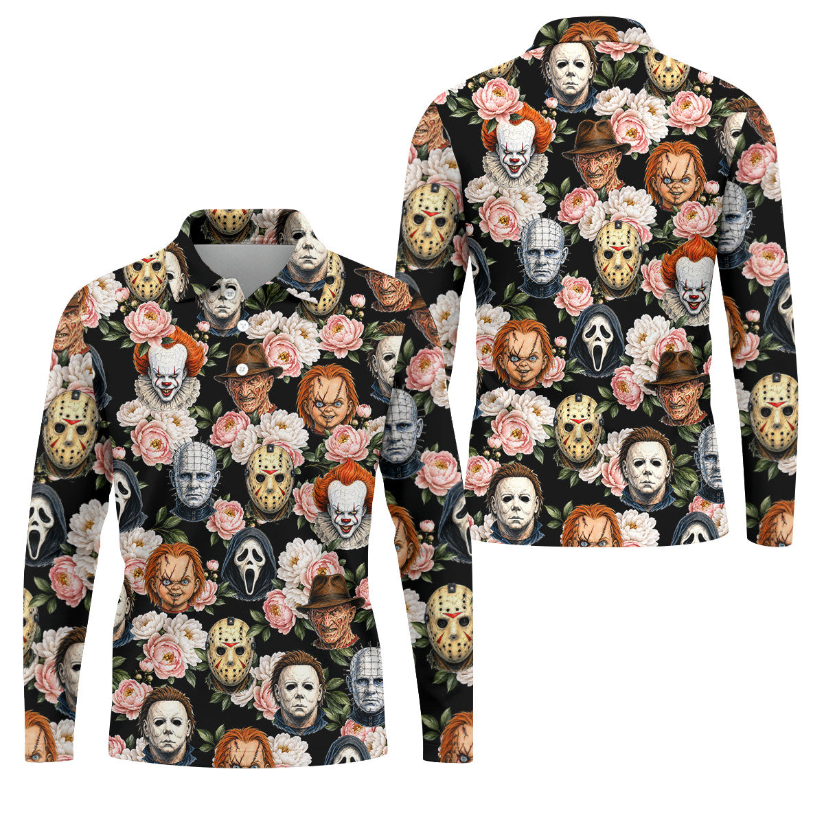 Horror Icons Floral Hawaiian Golf Shirt, Men's Golf Shirt, Printed Golf Shirts