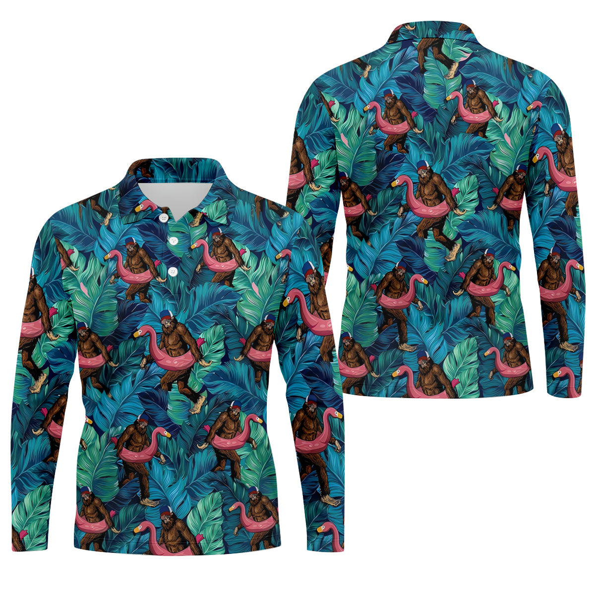 Bigfoot Flamingo Float Tropical Golf Polo Shirt, Hawaiian Golf Shirt, Mens Golf Polo