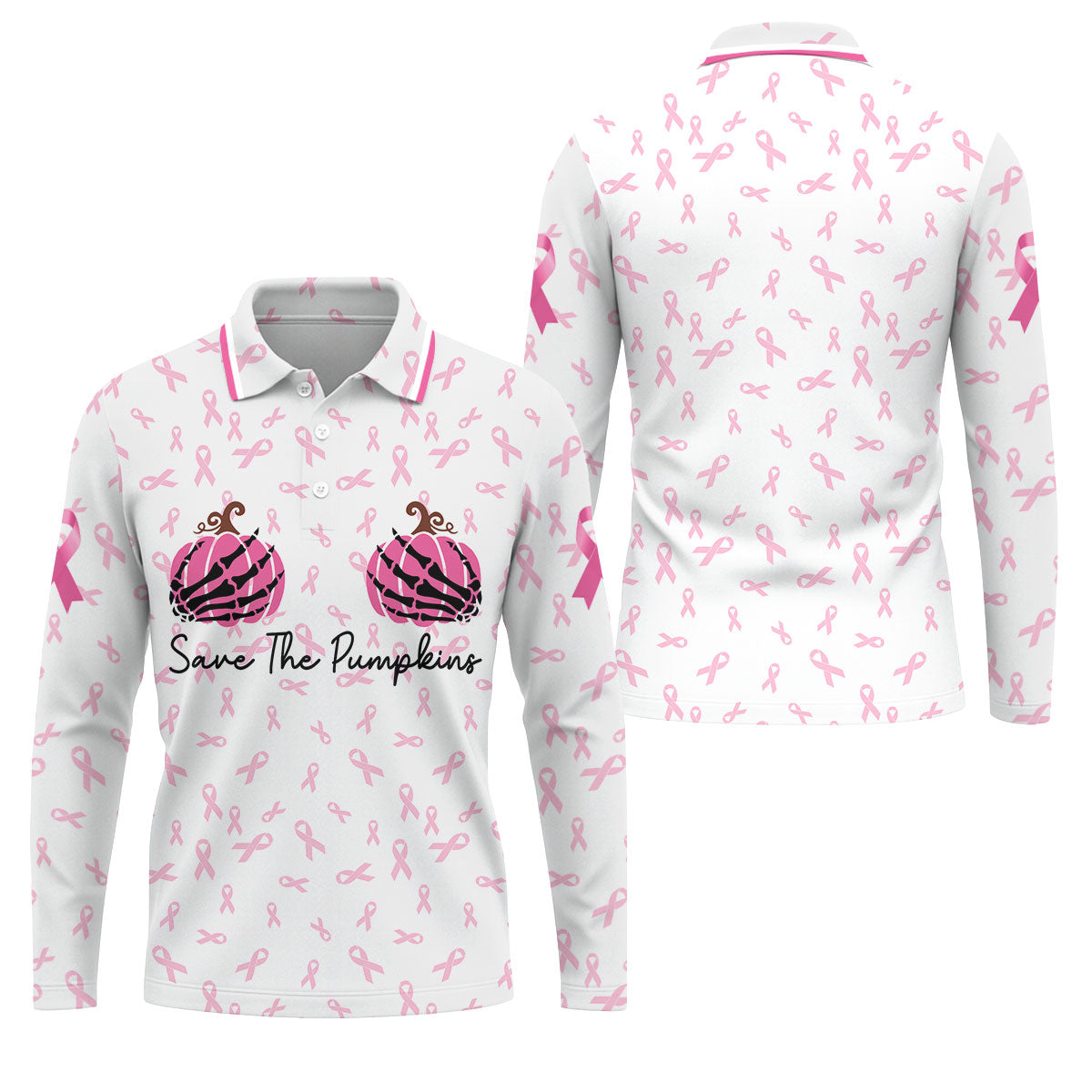 Save The Pumpkins Breast Cancer Ribbon Polo Shirt, Mens Golf Polo, Golf Apparel For Men