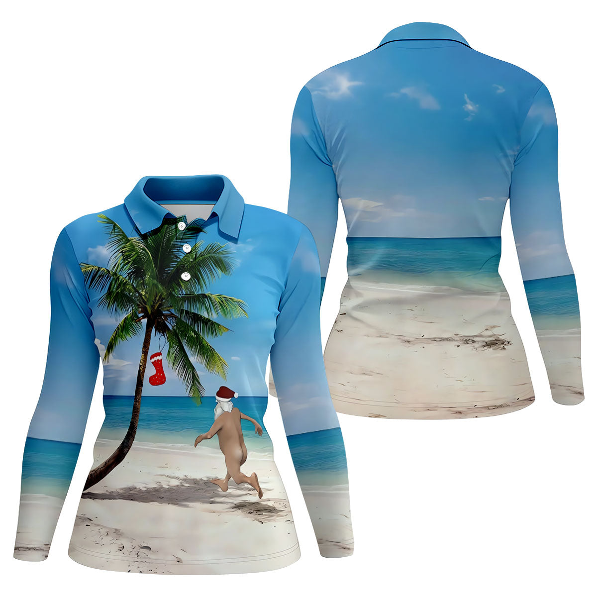 Funny Santa Running On Tropical Beach Christmas Golf Shirt, Women's Golf Tops, Golf Shirts For Women