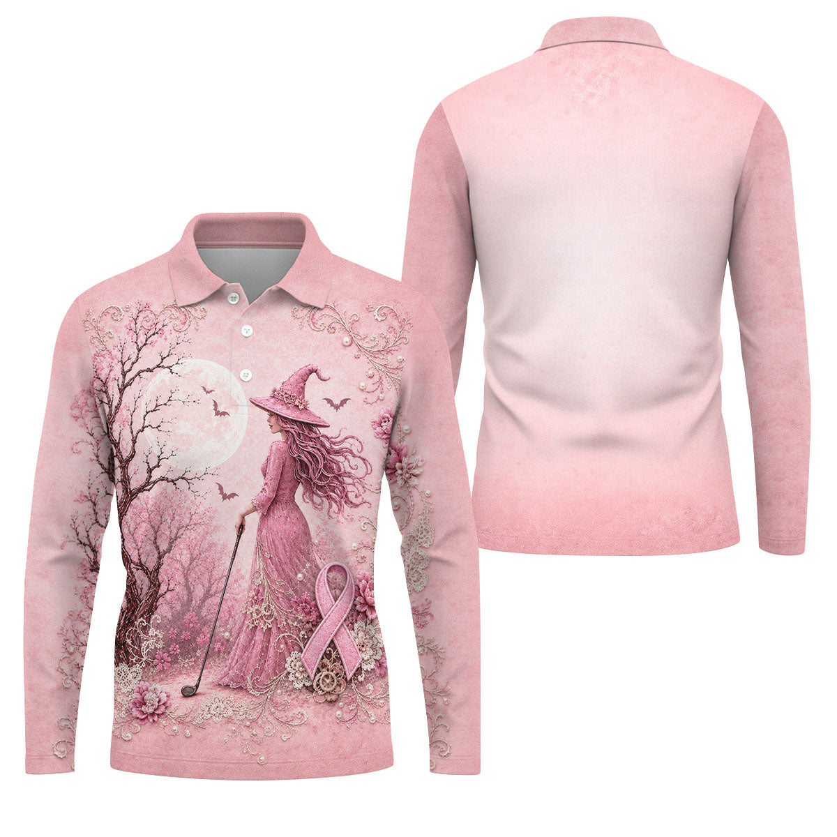 Breast Cancer Awareness Pink Witch Moon Mens Golf Polo, Polo Shirts For Men
