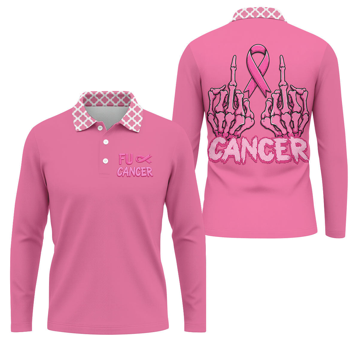 Pink F Cancer Skeleton Middle Finger Breast Cancer Polo Shirt, Men's Golf Shirt, Printed Golf Shirts