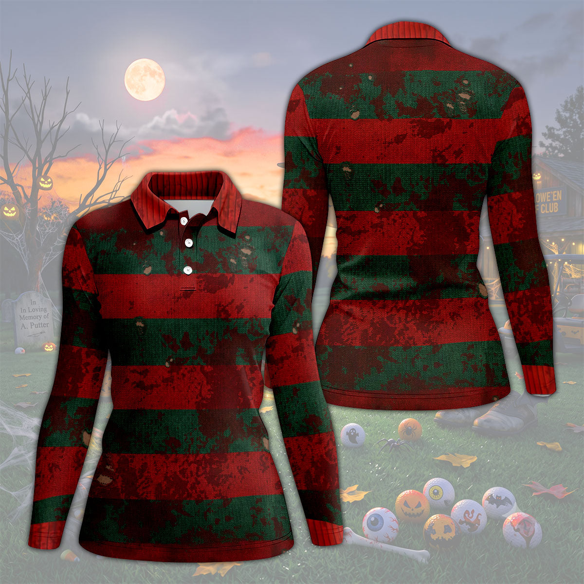 Distressed Red Green Horror Knit Golf Polo Shirt, Ladies Golf Tops, Golf Shirts For Women