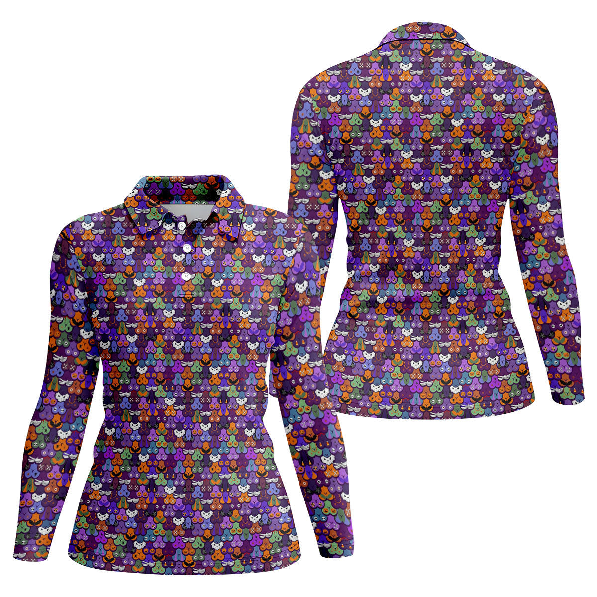 Cute Halloween Icon Pattern Golf Polo Shirt, Women's Golf Polo, Ladies Golf Shirts
