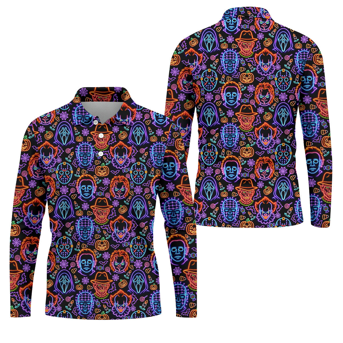 Neon Horror Character Movie Villain Pattern Golf Polo Shirt, Men's Golf Polo, Hawaiian Golf Shirt