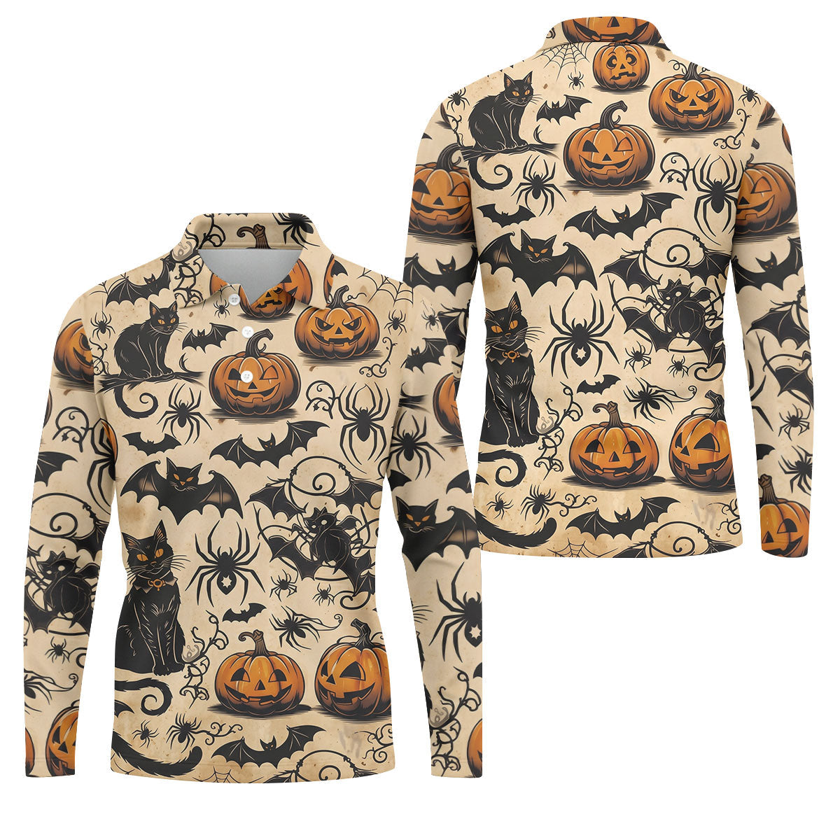 Vintage Halloween Cat Pumpkin Pattern Golf Polo Shirt, Mens Golf Polo, Hawaiian Golf Shirt