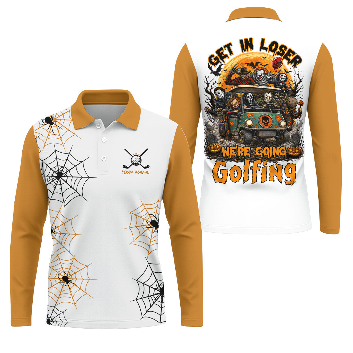 Custom Get In Loser We're Going Golfing Halloween Horror Character Golf Shirt, Golf Shirts For Men