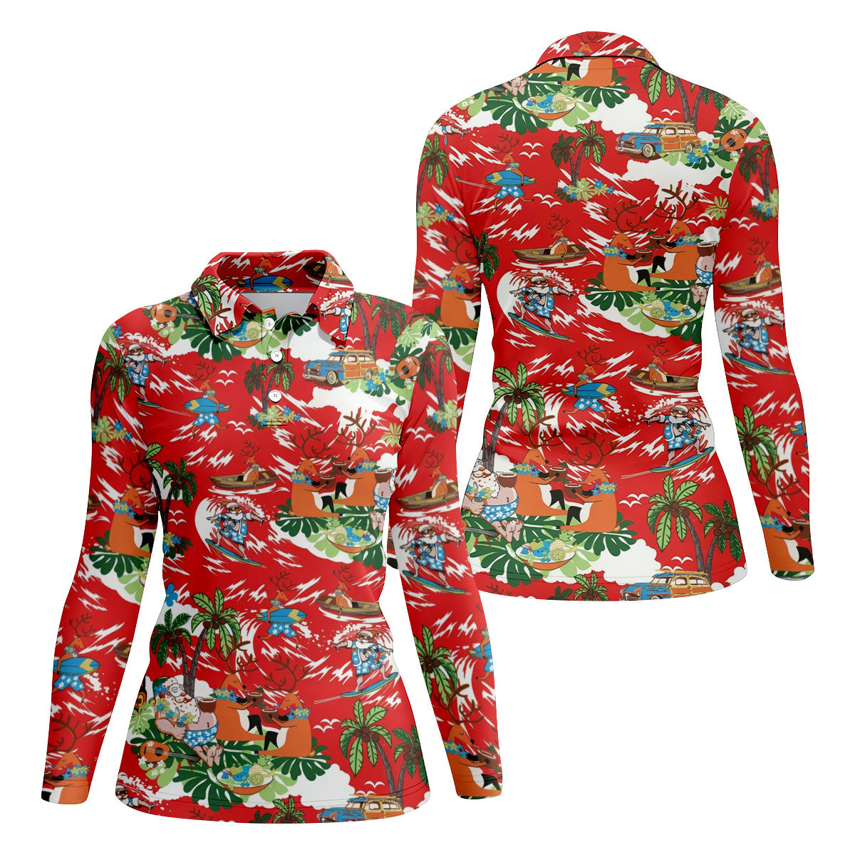 Women's Funny Tropical Santa Surfing Golf Shirt, Christmas Golf Shirt, Women’s Golf Polo
