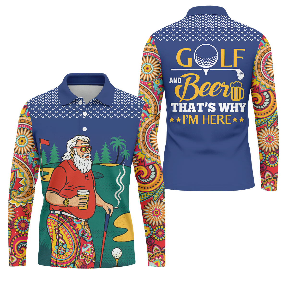Funny Bearded Golfer With Beer And Paisley Sleeves Golf Polo, Golf Shirts For Men, Hawaiian Golf Shirt