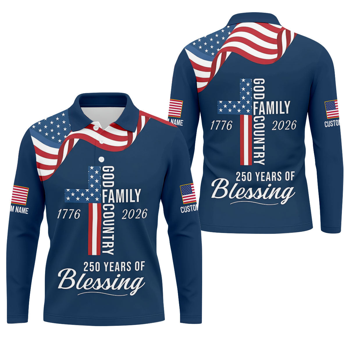 God Family Country Faith Cross 250 Years Of Blessing US Flag Golf Shirt, Golf Shirts For Men