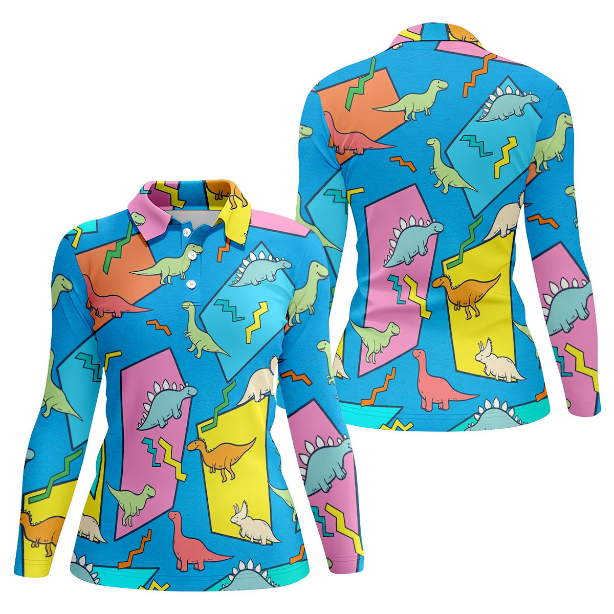 Retro Colorful Dinosaur Pattern Golf Shirt, Women's Golf Tops, Golf Shirts For Women