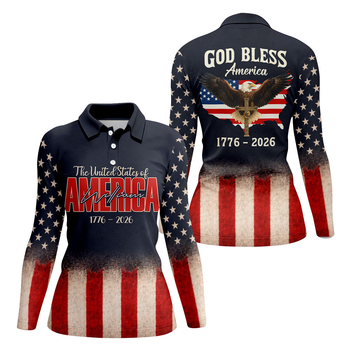God Bless America Faith Cross Bald Eagle Patriotic Golf Shirt, 250 Years Golf Shirt For Women