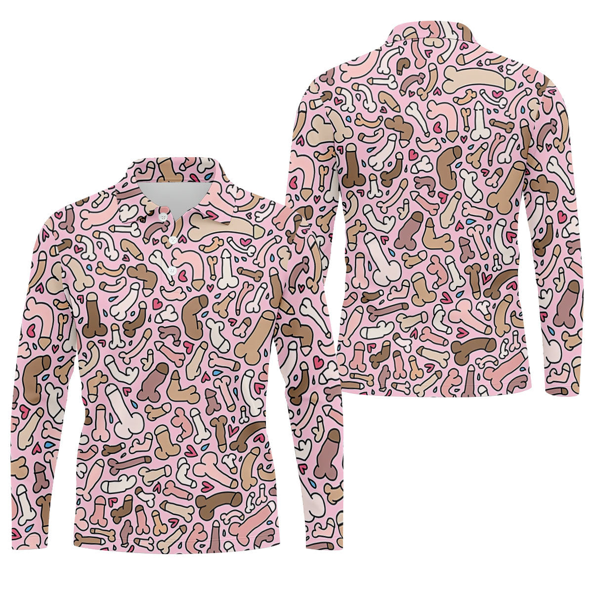 Funny Adult Doodle Pink Pattern Polo Shirt, Mens Golf Polo, Golf Shirts For Men