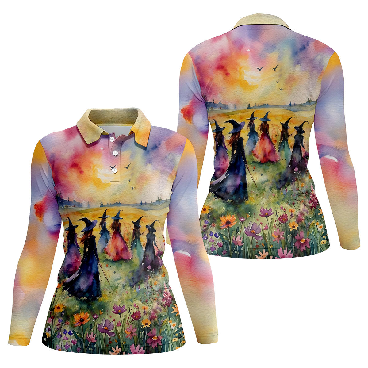 Watercolor Witch Gathering Halloween Golf Polo Shirt, Ladies Golf Tops, Women’s Golf Polo