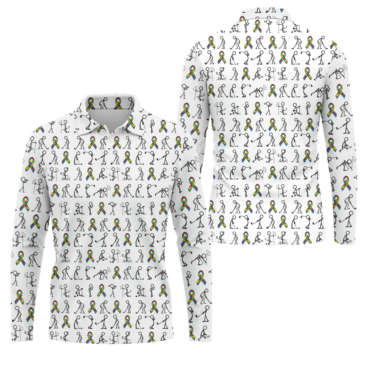 Stick Figure Golf Pose Autism Ribbon White Golf Shirt, Autism Awareness Colors Golf Shirts For Men