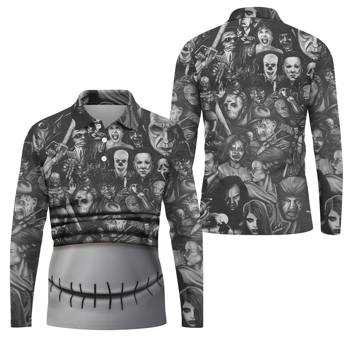 Stitched Skull Horror Character Halloween Polo Shirt, Men's Golf Shirt, Mens Polo Shirts