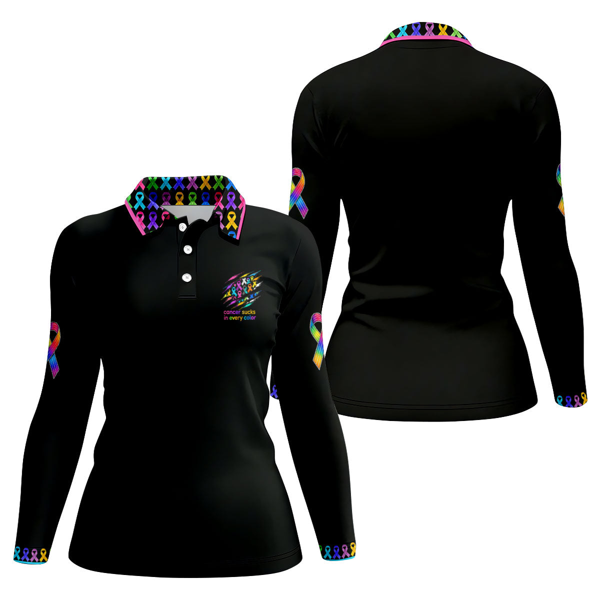 Cancer Sucks In Every Color Awareness Ribbon Golf Polo Shirt, Women's Golf Polo