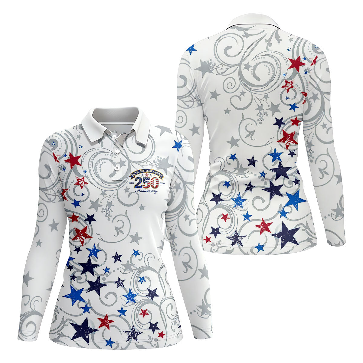United States Of America 250 Anniversary Patriotic 4th Of July Golf Shirt, Red Blue Stars Golf Shirt For Women