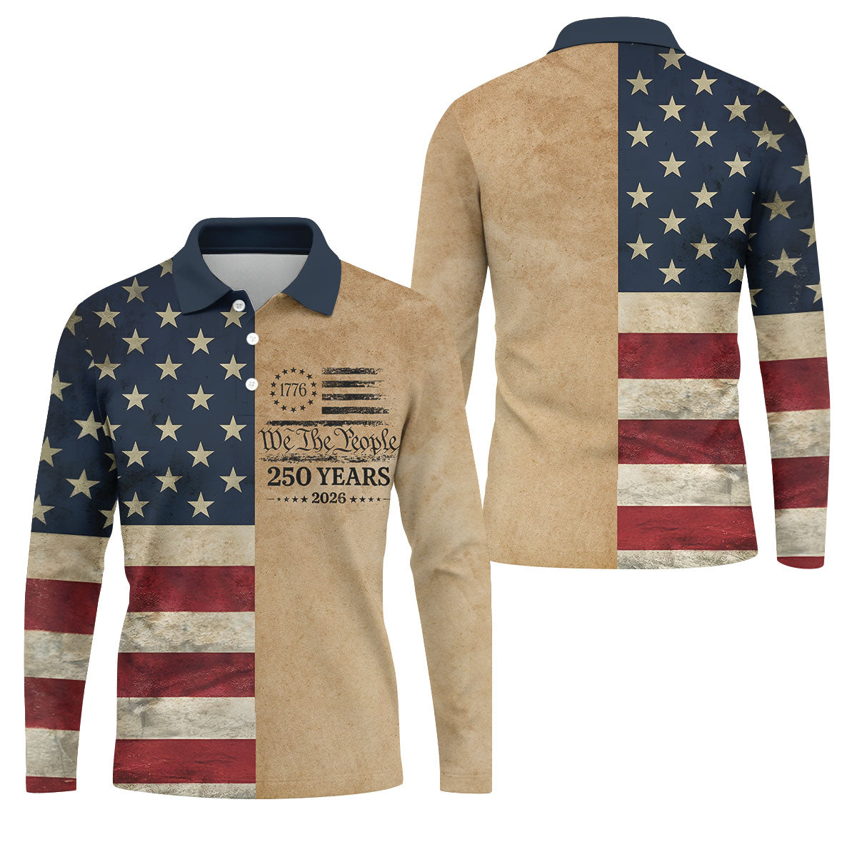 We The People 250 Years US Flag Pattern Patriotic Golf Shirt, 4th Of July Golf Shirts For Men