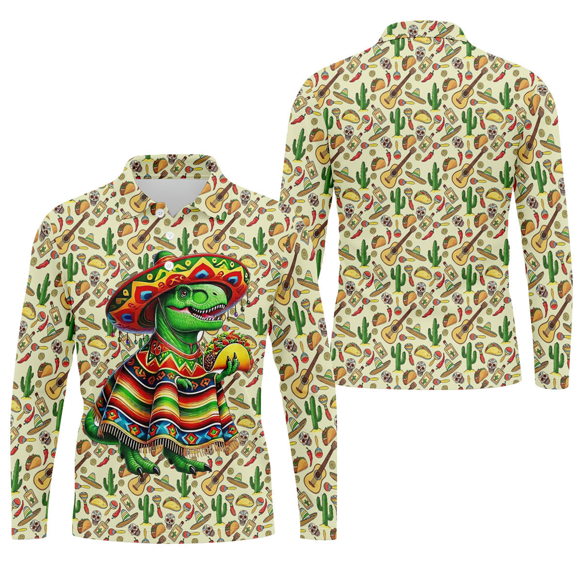 Dinosaur Taco Fiesta Time Golf Tops For Men, Cinco De Mayo Celebration Golf Shirts For Men