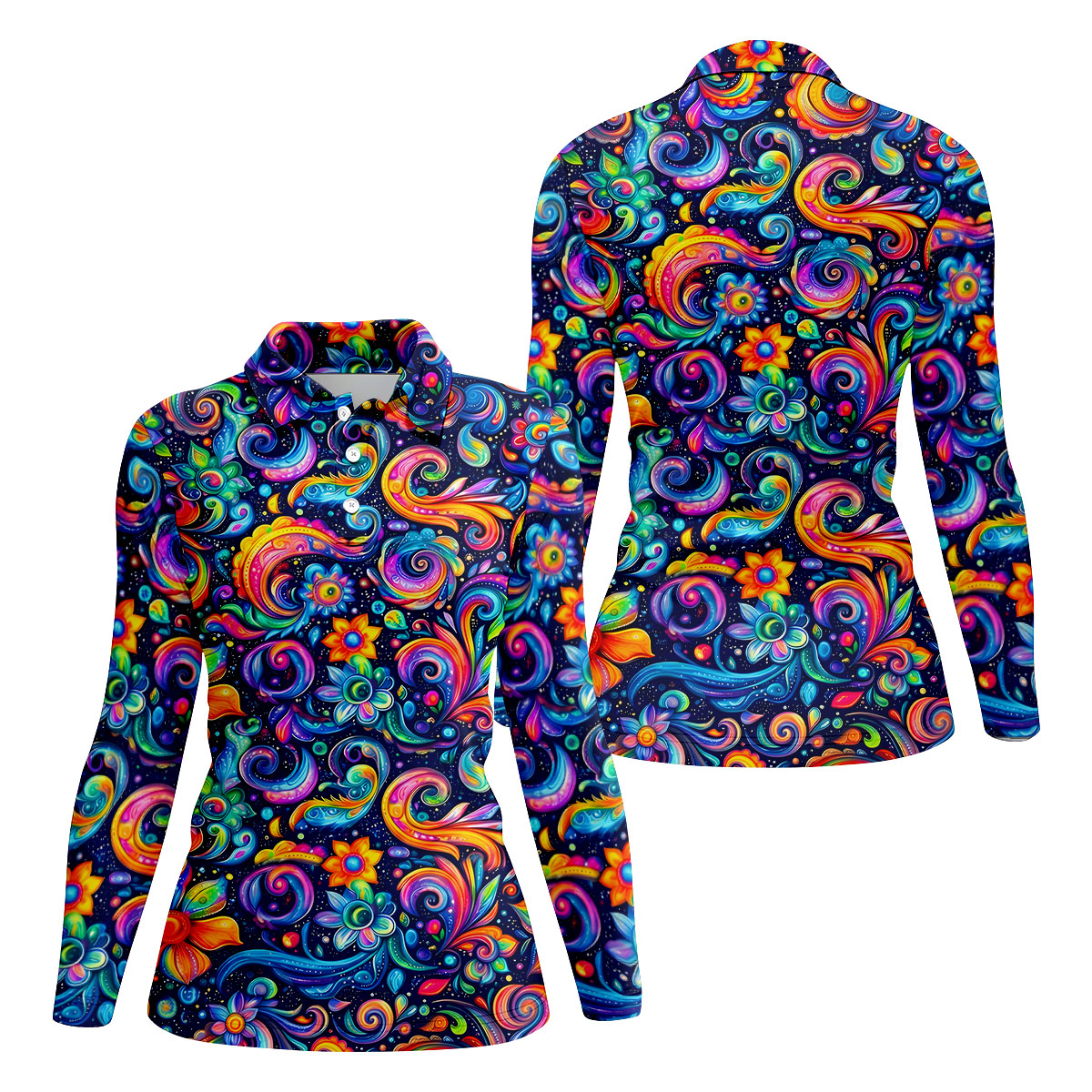 Colorful Psychedelic Swirl Floral Hawaiian Golf Shirt, Women’s Golf Tops, Printed Golf Shirt