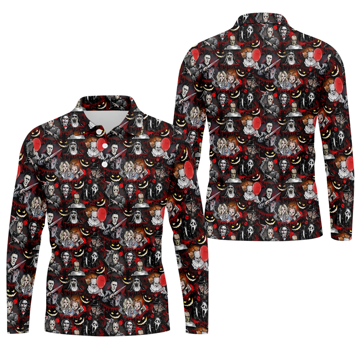 Horror Character Halloween Pattern Golf Polo Shirt, Mens Golf Shirts, Hawaiian Golf Shirt