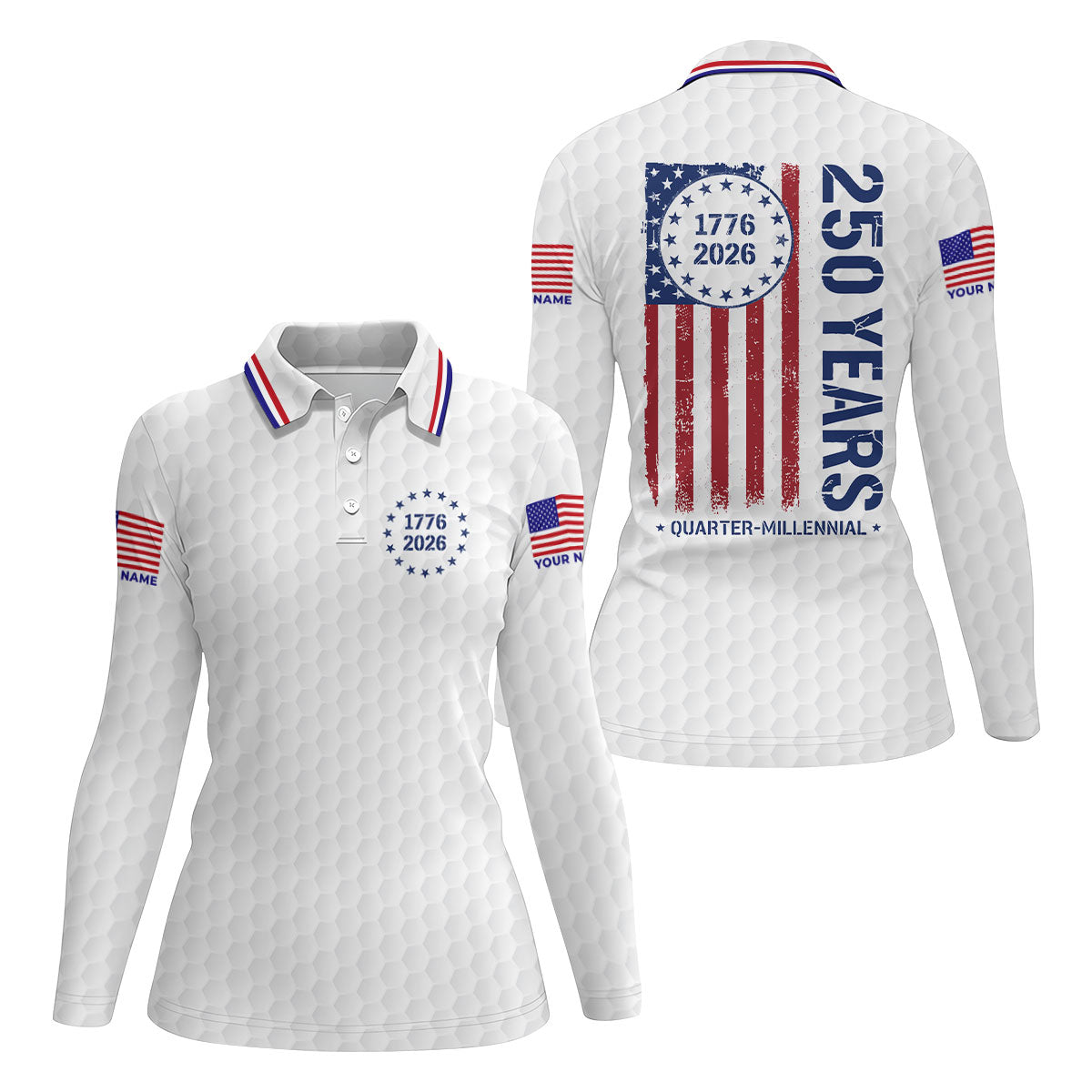 250 Years Quarter Millennnial Golf Ball Pattern White Patriotic Golf Shirt, 4th Of July Golf Shirt For Women