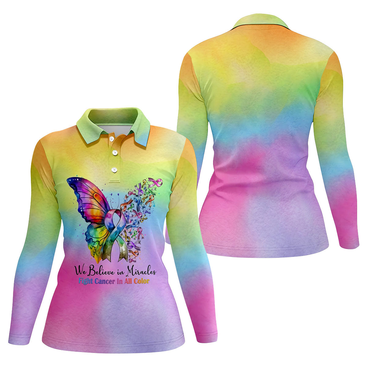 We Believe In Miracles Butterfly Cancer Polo Shirt, Golf Polo For Women, Ladies Golf Top