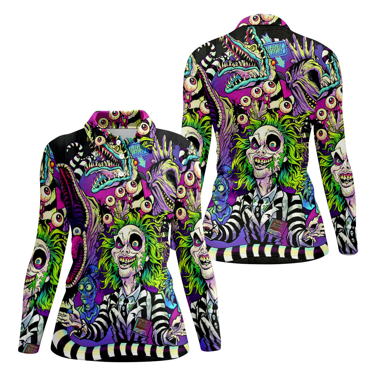 Neon Horror Character Monster Collage Golf Polo Shirt, Ladies Golf Shirts, Hawaiian Golf Shirt