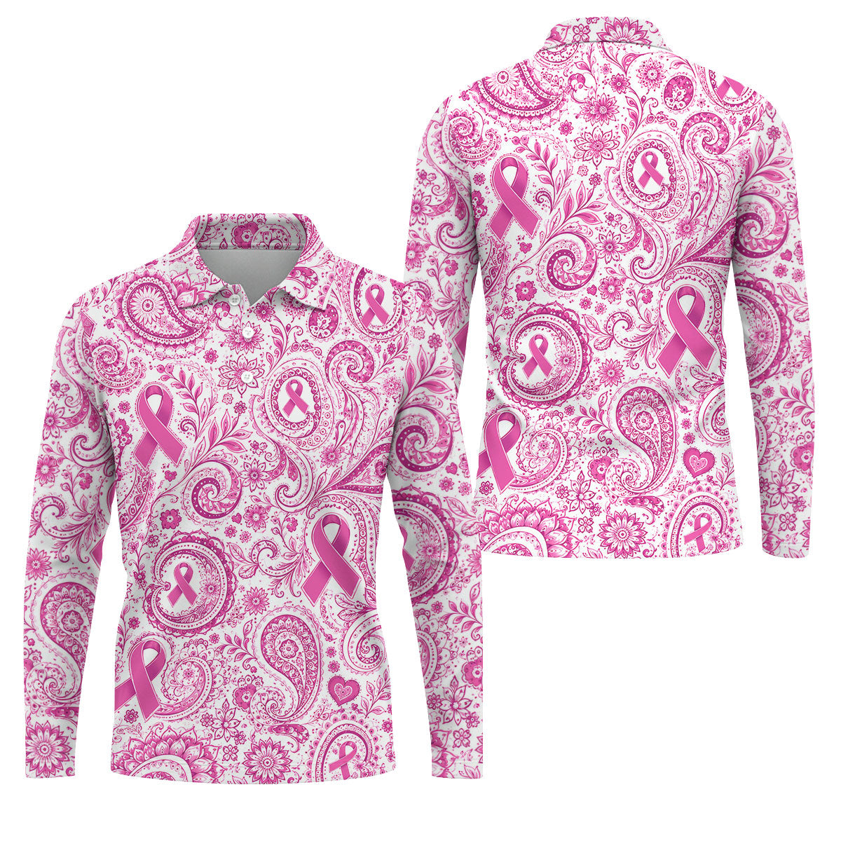 Pink Ribbon Paisley Breast Cancer Golf Polo Shirt, Men's Golf Shirt, Printed Golf Shirts