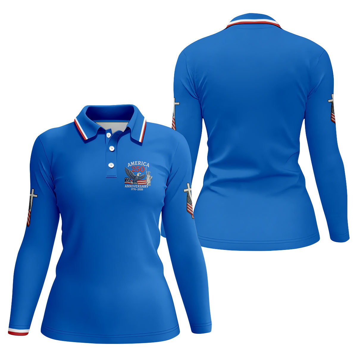 Faith Cross Bald Eagle America 250 Anniversary Blue Patriotic Golf Shirt, Golf Shirt For Women