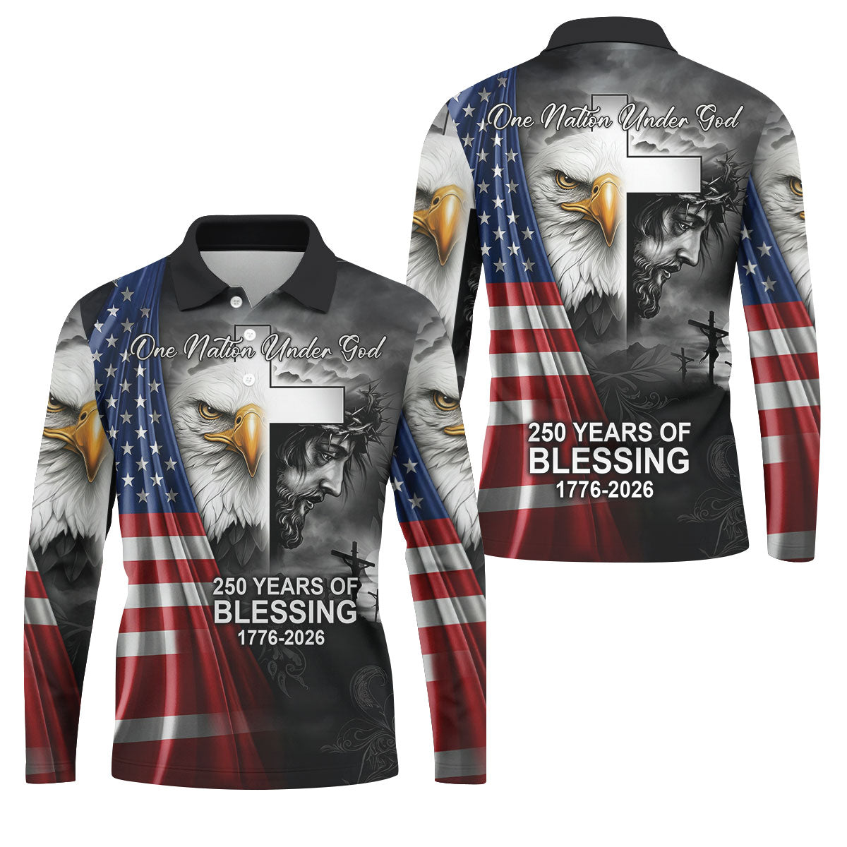 One Nation Under God 250 Years Of Blessing Faith Cross US Flag Golf Shirt, 4th Of July Golf Shirts For Men
