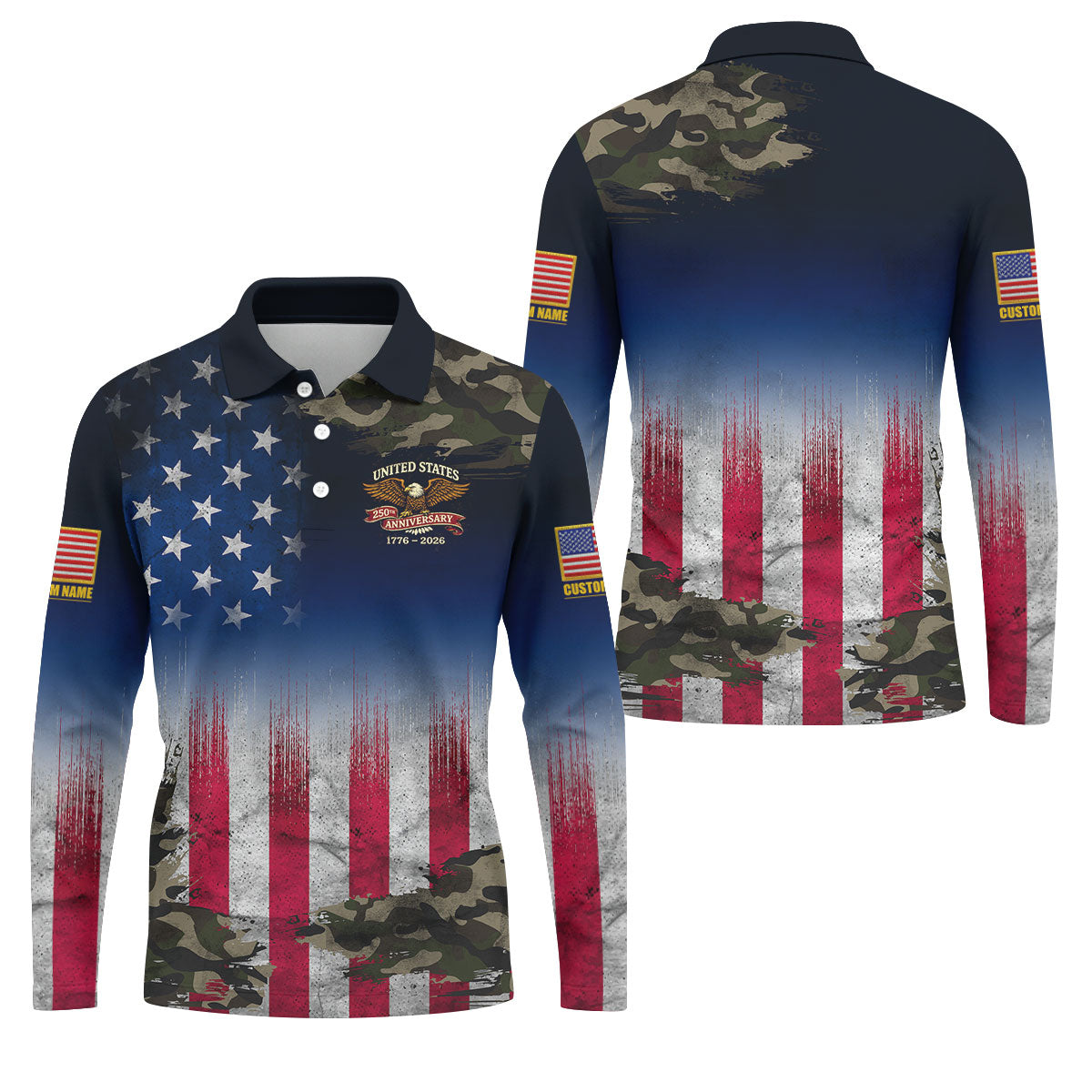 United States 250th Anniversary Camo Patriotic 4th Of July Golf Shirt, Distressed Flag Golf Shirts For Men
