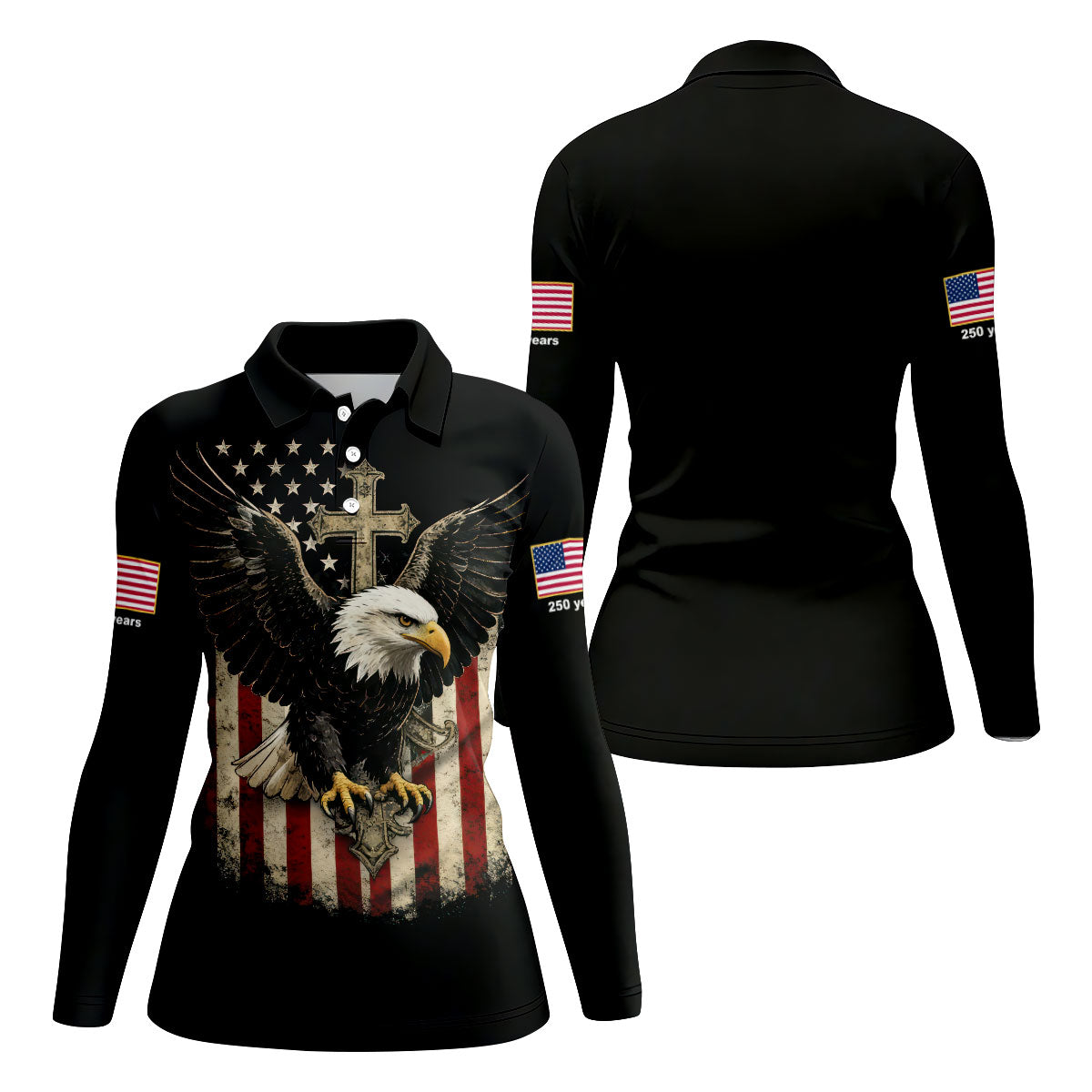 Faith Cross Bald Eagle And US Flag Black Golf Shirt, Patriotic 4th Of July Golf Shirt For Women