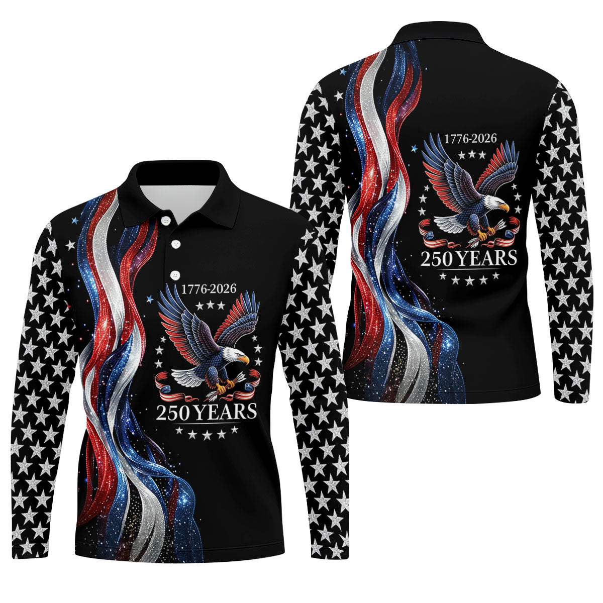 Bald Eagle Red White Blue Wavy Stripes Patriotic Golf Shirt, 250 Years 4th Of July Golf Shirts For Men