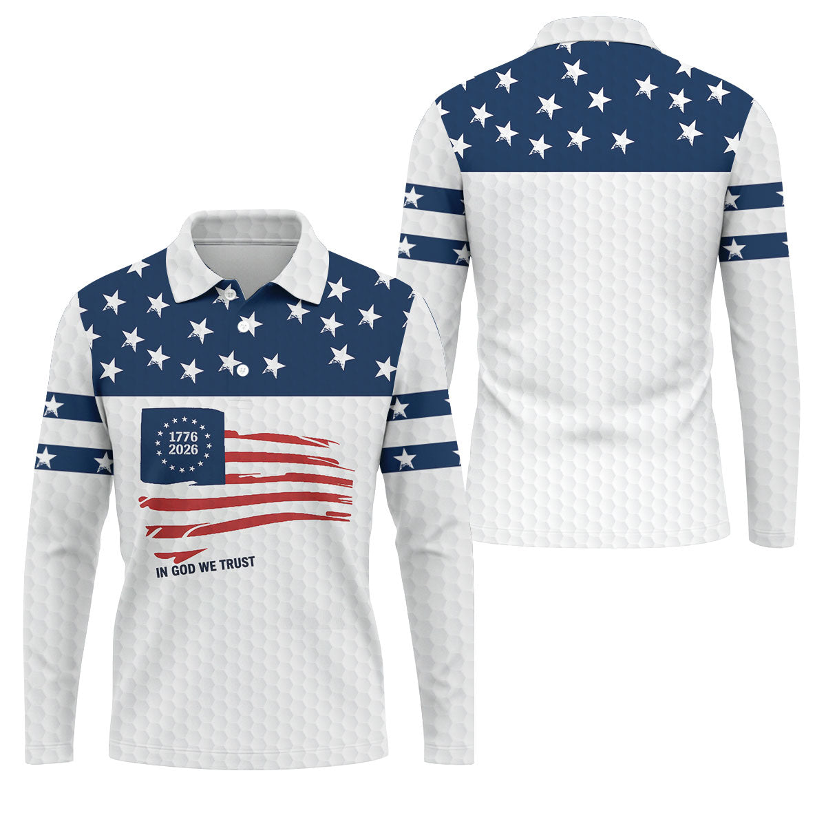 In God We Trust Golf Ball Pattern US Flag Golf Shirt, 250 Years 4th Of July Golf Shirts For Men