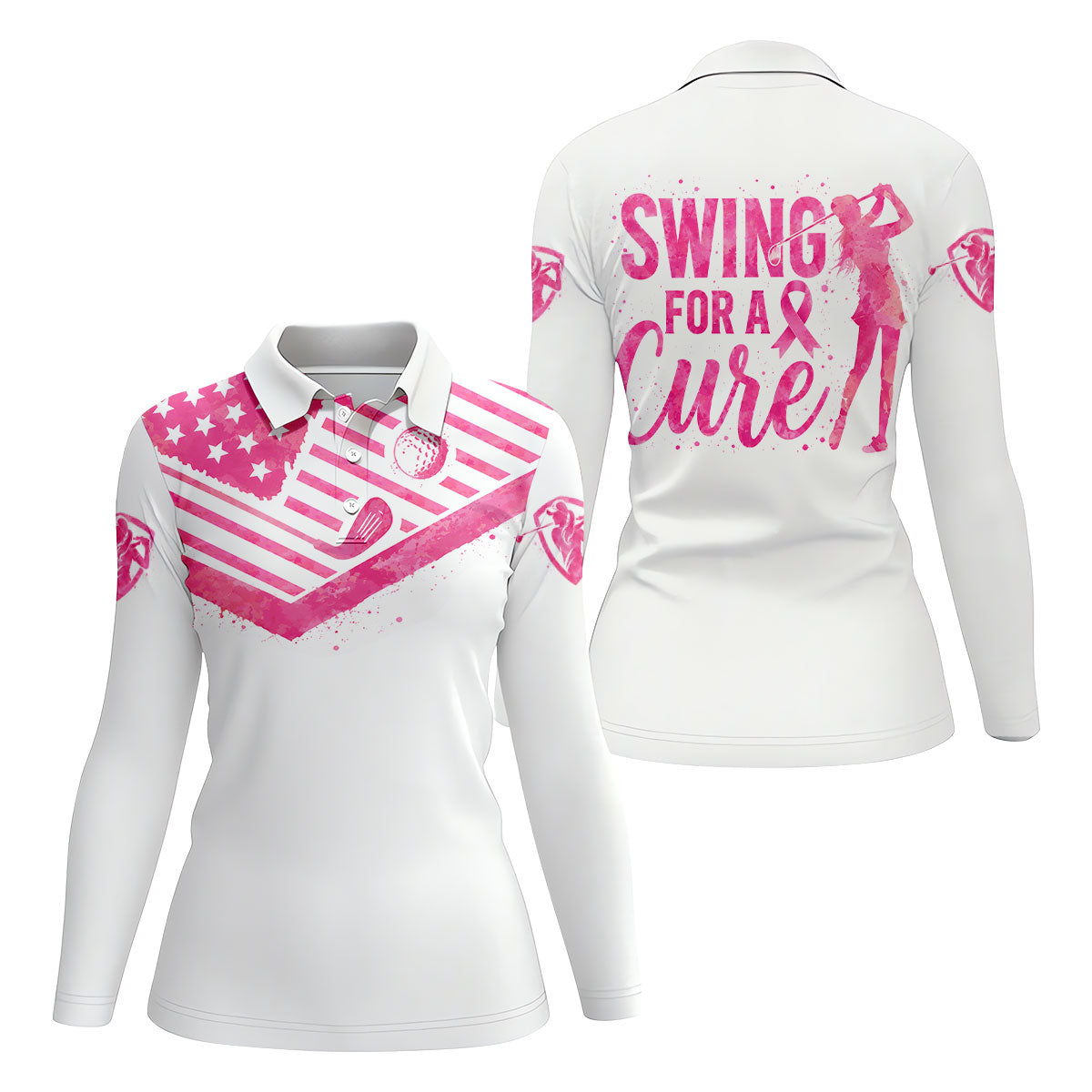 Swing For A Cure Pink Flag Breast Cancer Polo Shirt, Women’s Golf Polo, Ladies Golf Shirts