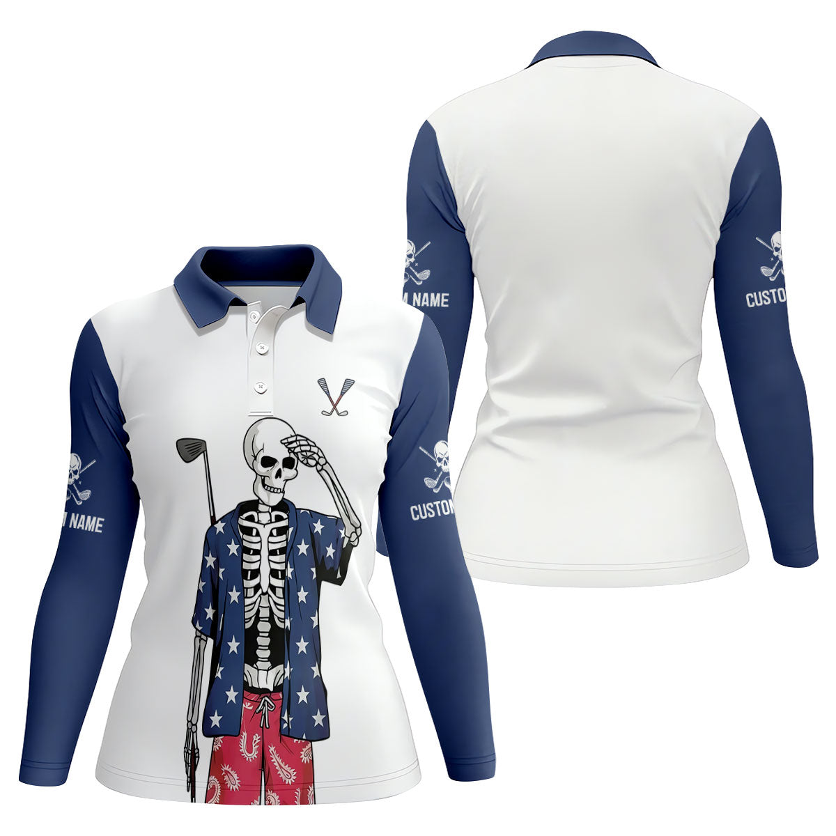 Skeleton Golf White Navy 4th Of July Patriotic Golf Shirt, 250 Years Golf Shirt For Women
