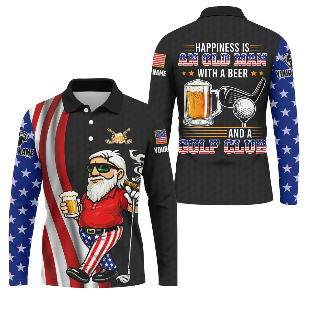 Funny Golf Gift for Men, Happiness Is an Old Man with a Beer USA Flag Polo Shirt, 250th Anniversary Golf Shirts For Men