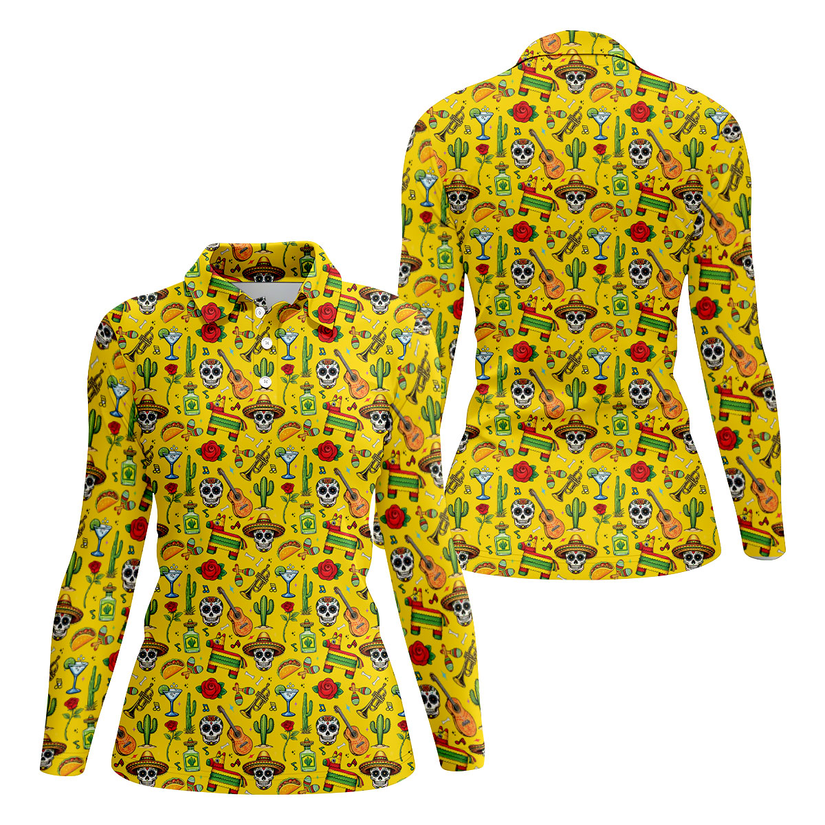 Decorated Skulls Party Items Cinco De Mayo Celebration Fiesta Themed Yellow Golf Shirt For Women