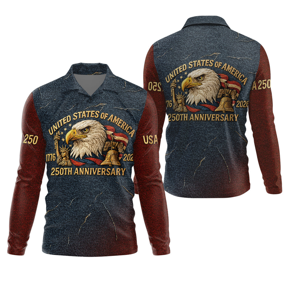 250th Anniversary American Flag And Eagle Denim Color Golf Tops For Men, Patriotic Golf Shirt, Golf Shirts For Men